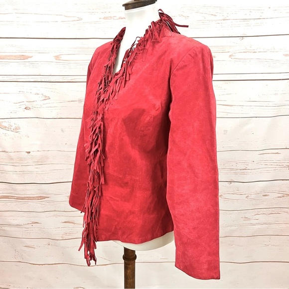 Vintage 90’s Boho Red Leather Suede Frontier Western Fringe Jacket - Picture 3 of 9